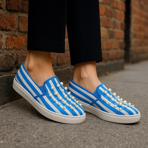 ZARA Pearls Slip-Ons Striped Canvas Sneakers Size 41/9.5 Barbicore Beach… - Picture 9 of 11